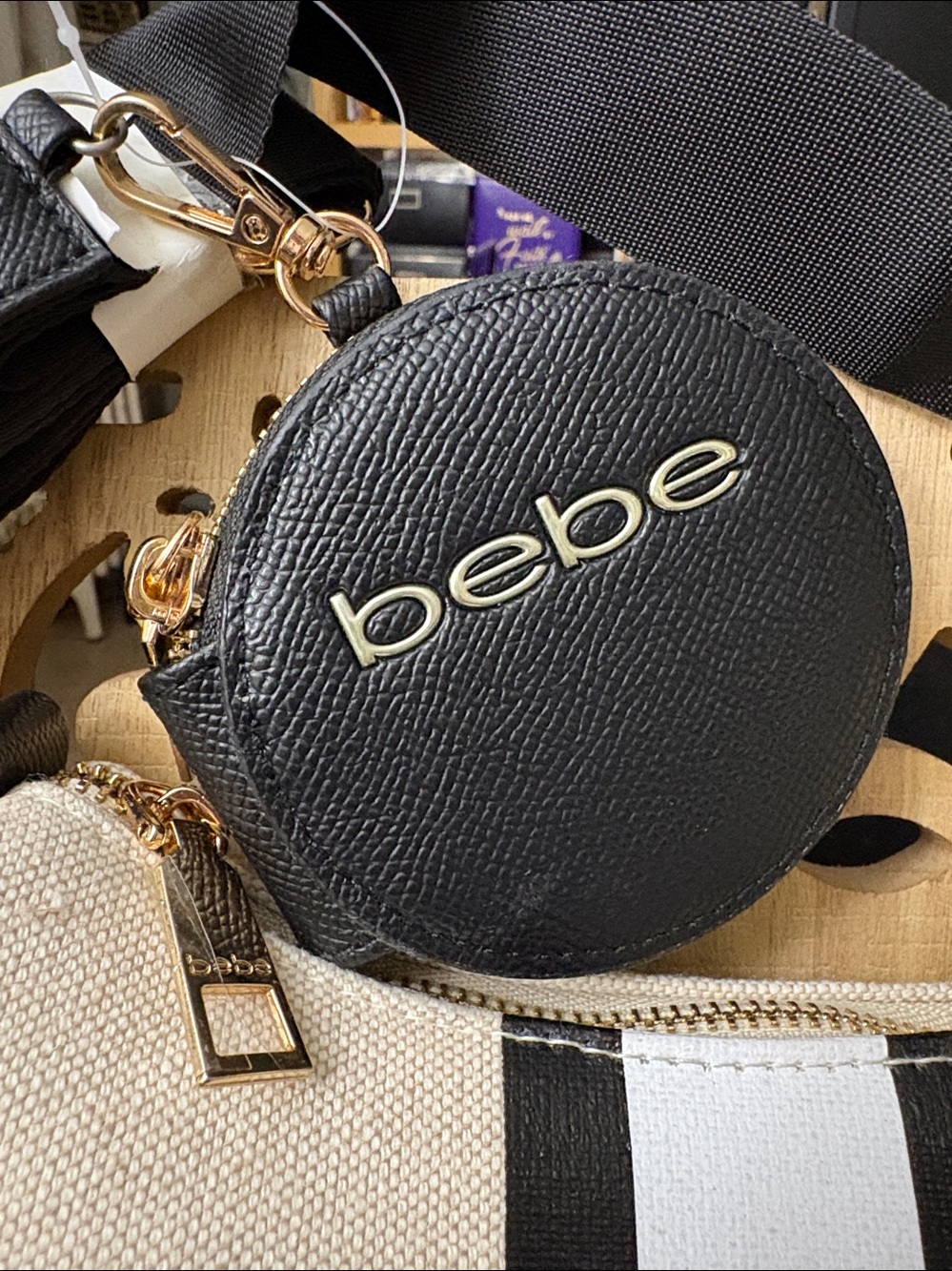 bebe Beige and Black Canvas Shoulder Bag / crossbody with Coin Pouch - Picture 3 of 6
